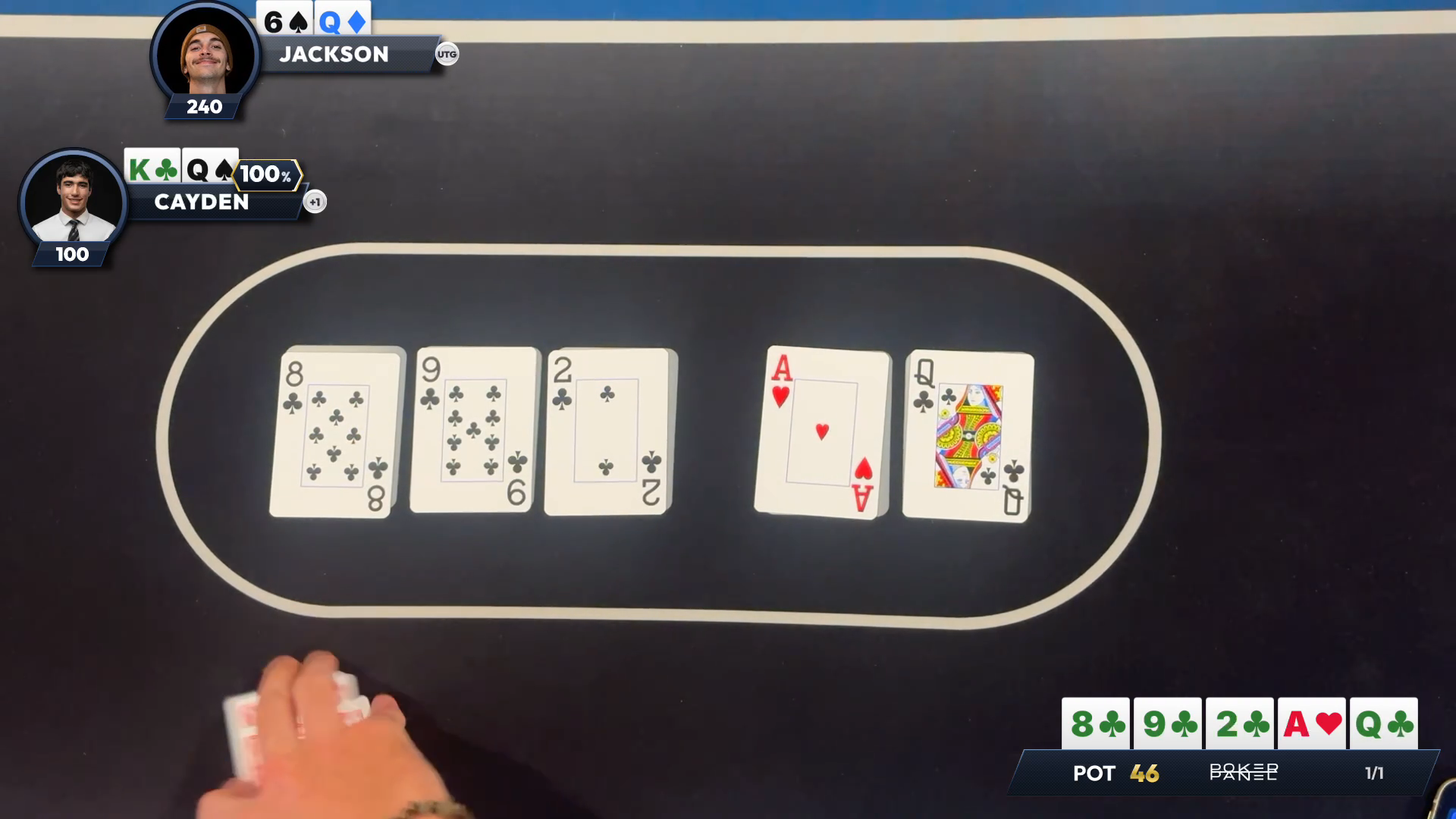 Poker Panel AI detecting the board and hole cards on a live broadcast hand with win probability overlays