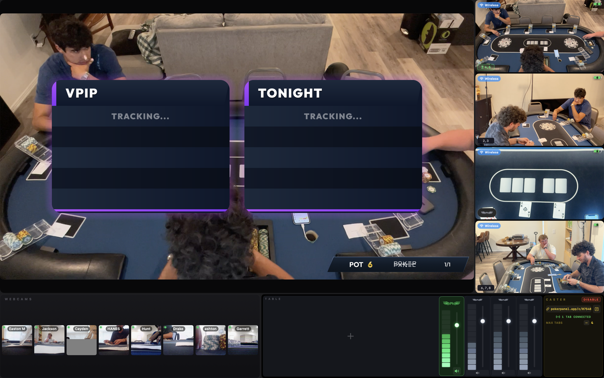 Poker Panel poker streaming software showing the program feed, wireless iPhone camera tiles, webcam strip and audio mixer